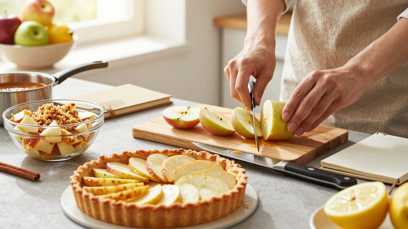 Pessoa prepara tarte de maçã na cozinha, fatiando maçãs em tábua de cortar ao lado de uma taça de salada de frutas.