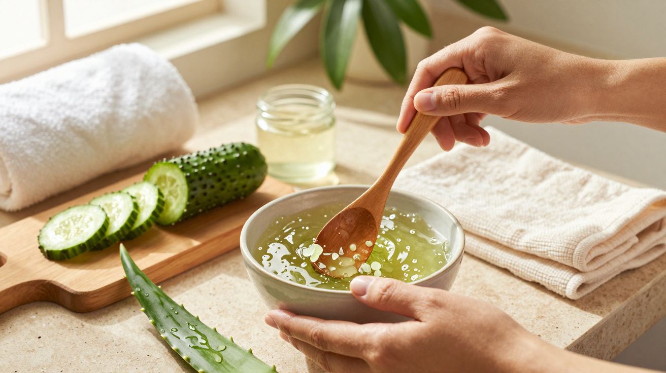 Mãos misturam gel de aloé vera em taça, com pepino fatiado e toalhas ao redor.
