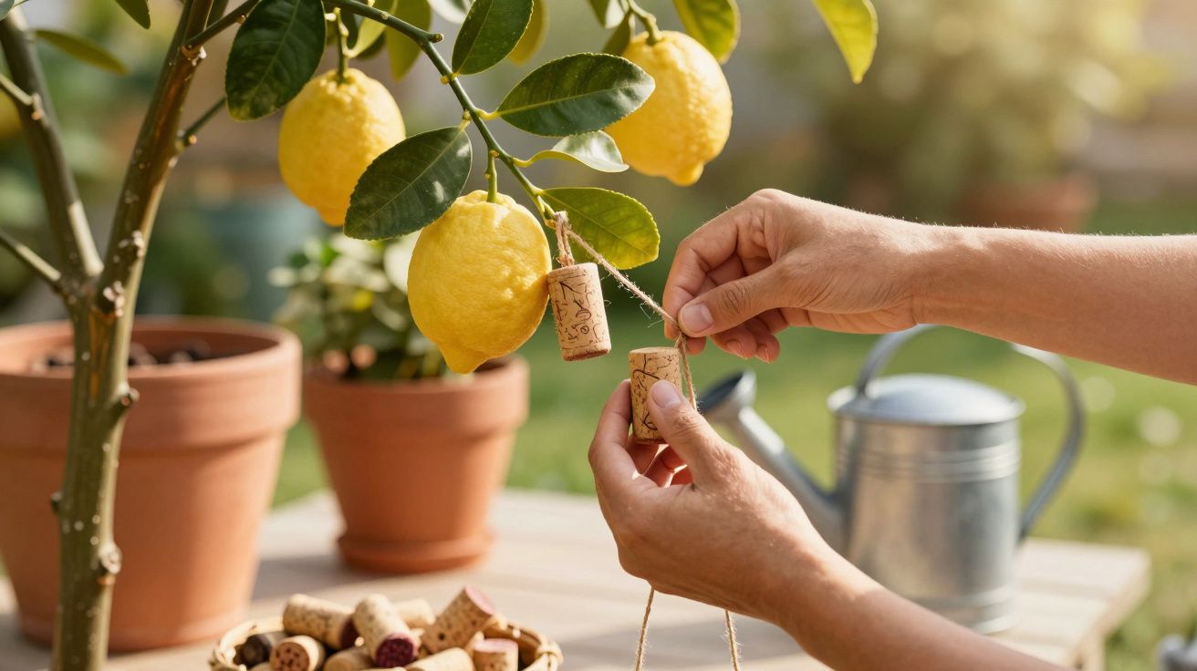 Mãos amarram rolhas a um limoeiro em vaso, com regador ao fundo.