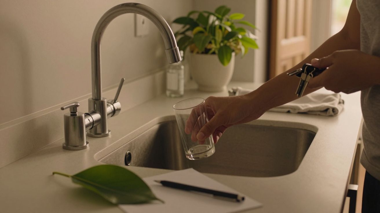 Mão segurando copo vazio na pia; planta e caneta sobre bancada iluminada.