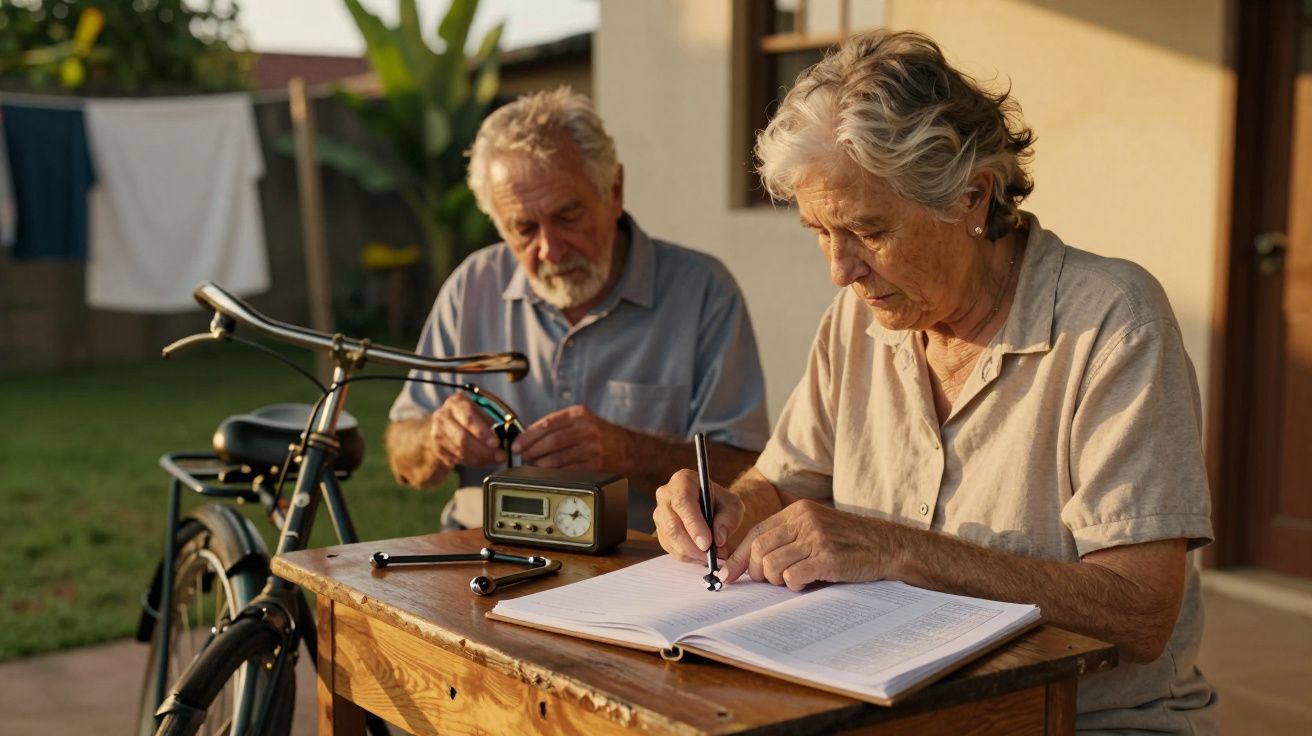 Casal idoso sentado ao ar livre, mulher escreve num livro e homem ajusta rádio sobre mesa de madeira.
