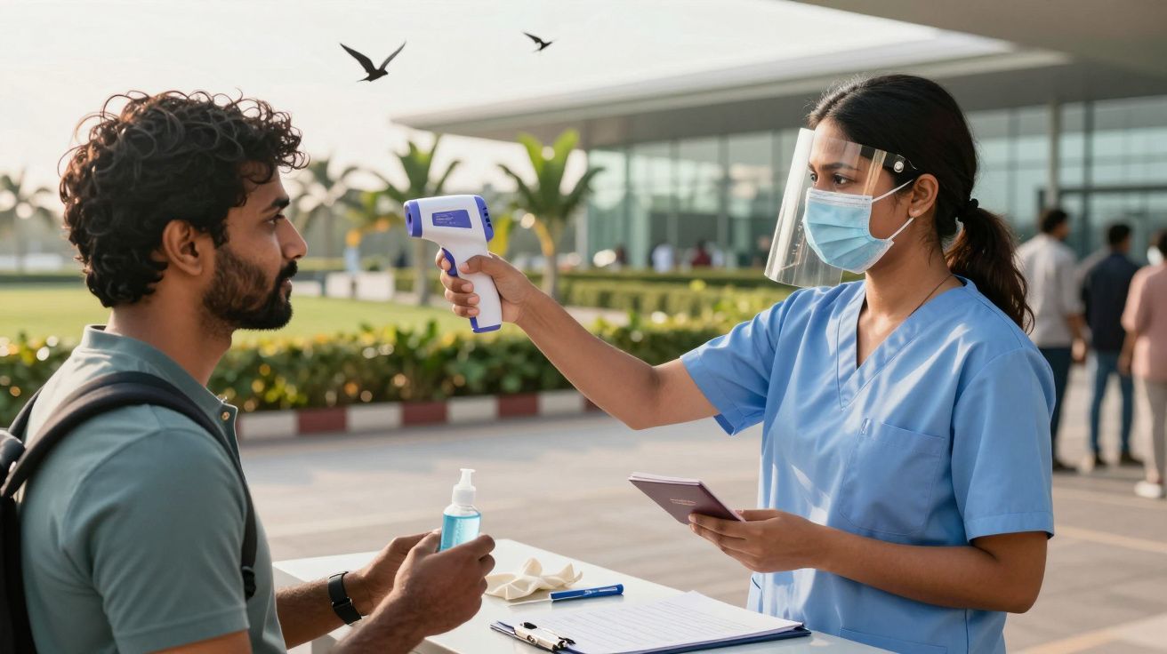 Profissional de saúde mede temperatura de homem ao ar livre; ambos usam máscara.