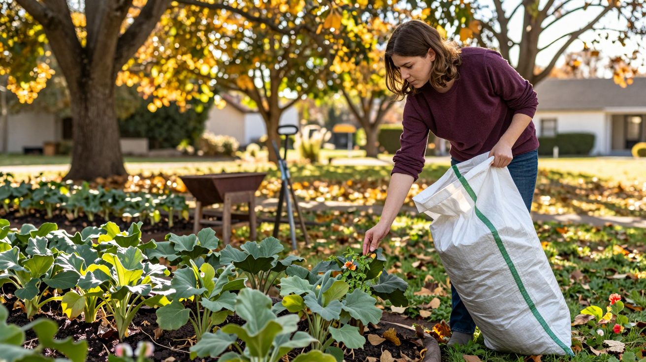 Mulher a jardinar, cuidando de plantas em um jardim, segurando um saco branco, com árvores ao fundo num dia ensolarado.