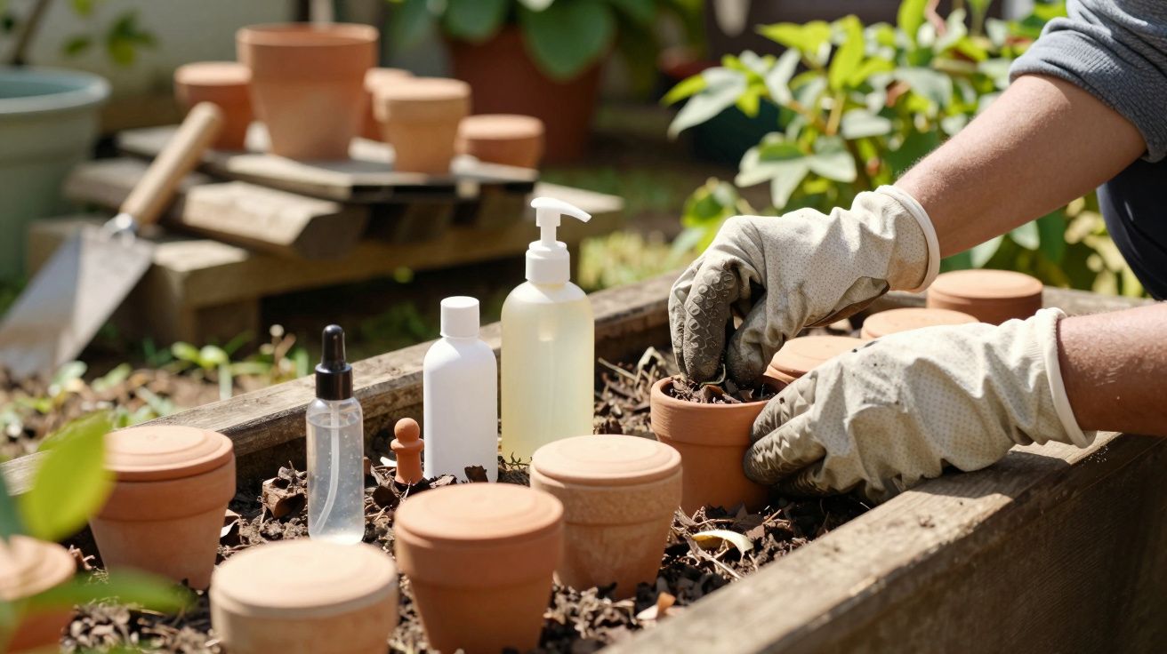 Mãos de jardinagem preparam vasos de barro em canteiro, cercados por ferramentas e frascos de produtos de cuidados.