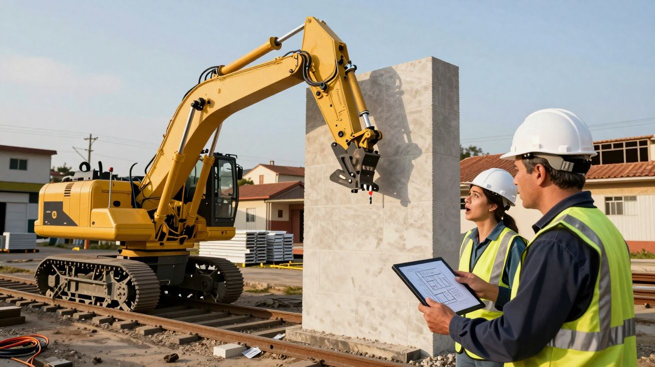 Pessoas com capacetes e coletes refletores inspecionam uma máquina de construção amarela junto a uma estrutura de betão.