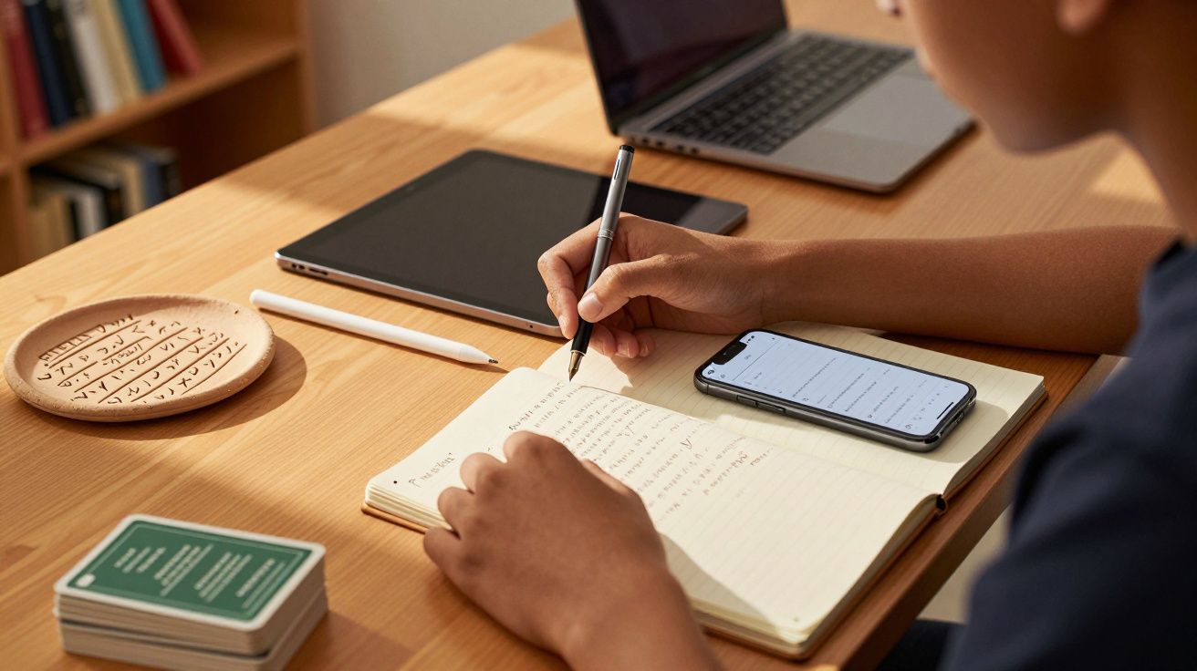 Pessoa a escrever num caderno, com um telemóvel ao lado, num escritório com portátil e tablet sobre a secretária.