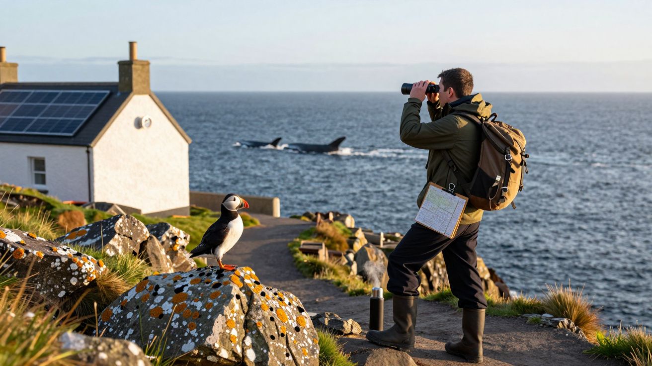 Homem com binóculos observa papagaio-do-mar em falésia junto ao mar; casa com painéis solares ao fundo.