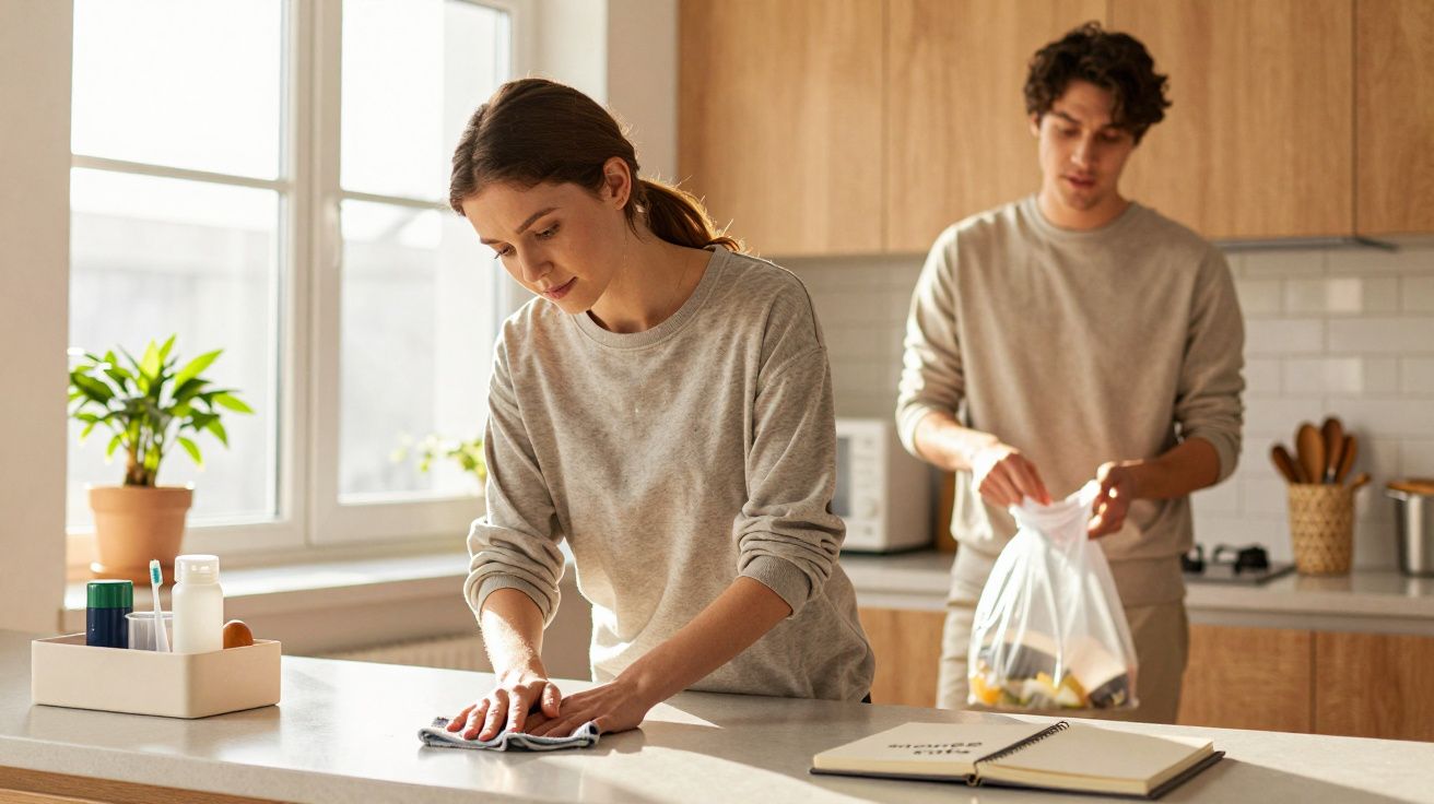 Mulher limpa balcão da cozinha, enquanto homem guarda lixo em saco transparente. Ambos usam roupas cinzentas.
