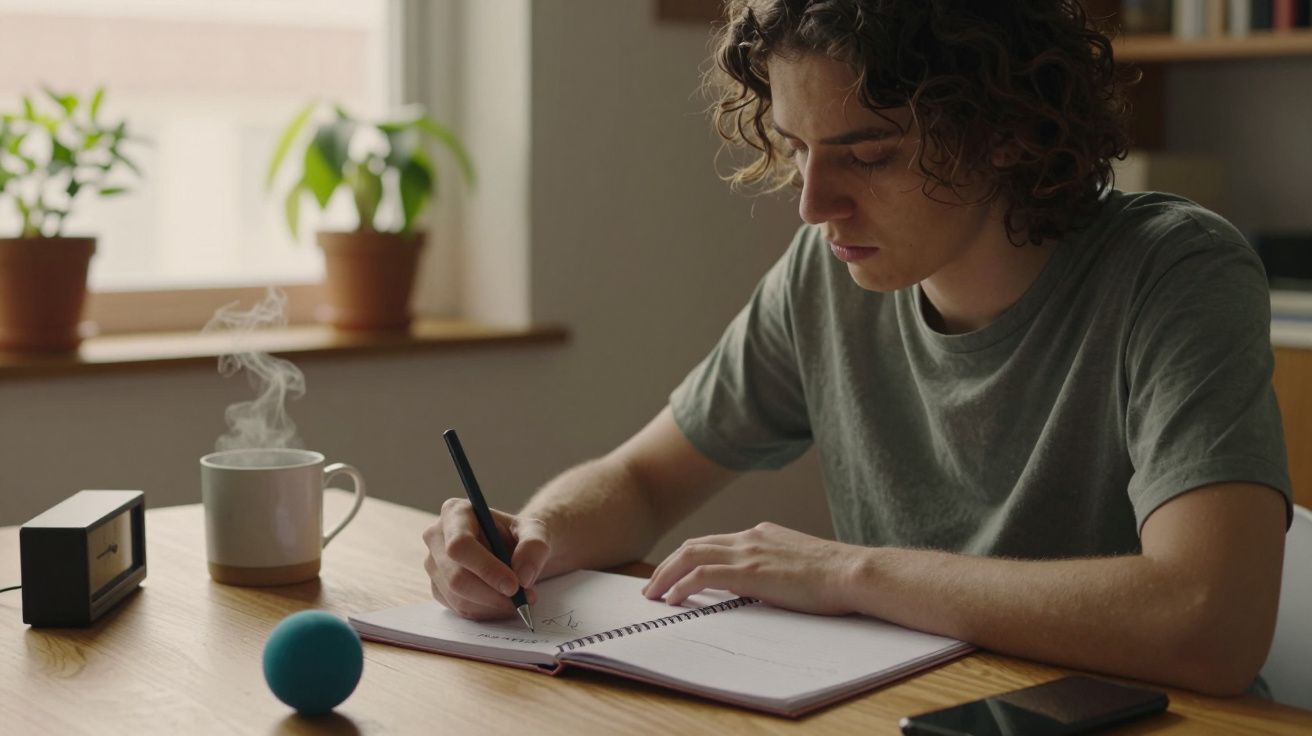 Jovem escrevendo num caderno à mesa, com chávena de café, telefone e plantas ao fundo numa sala iluminada.