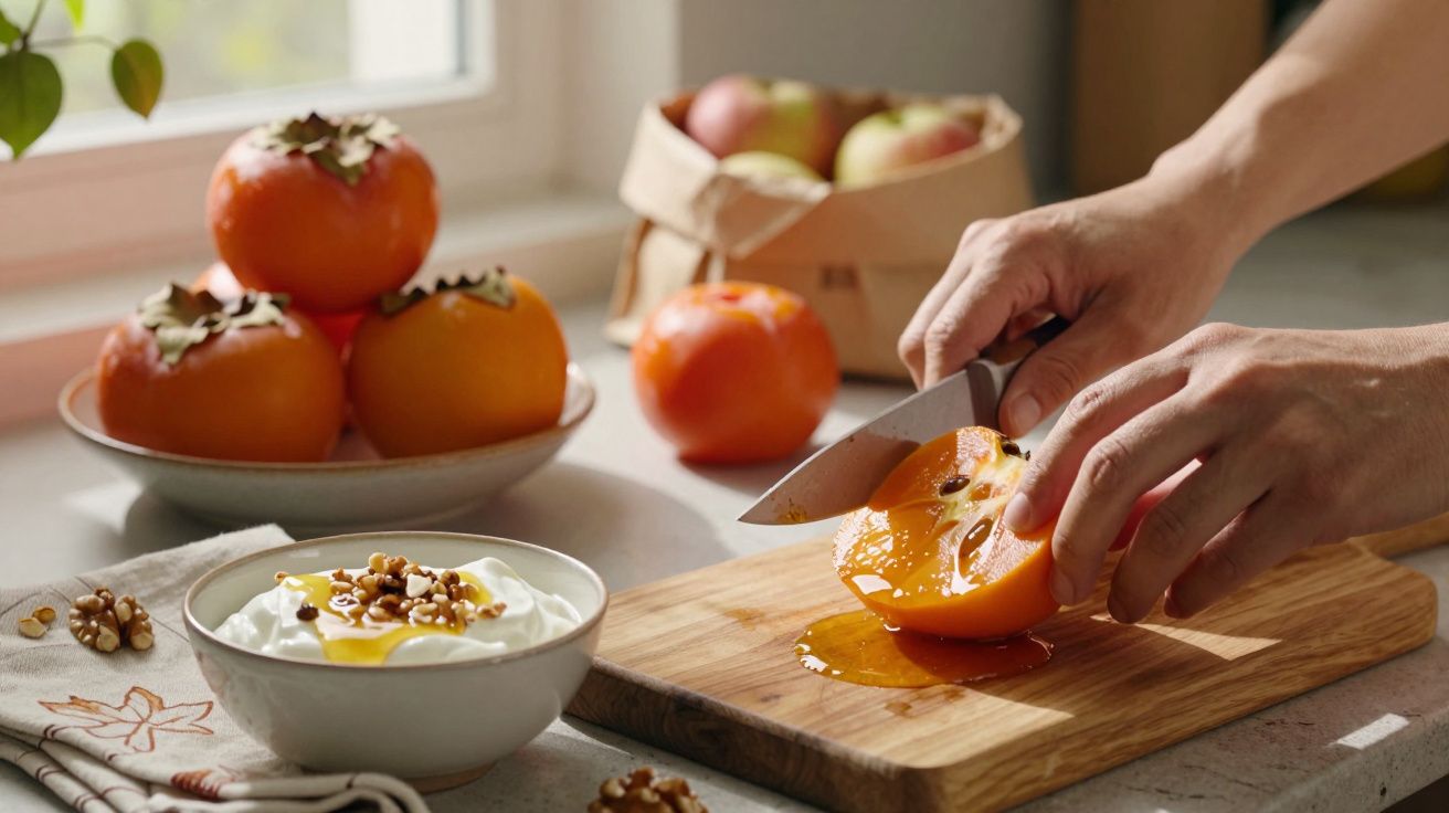 Mãos cortam dióspiro sobre tábua de madeira; tigela de iogurte com nozes ao lado e frutas ao fundo.