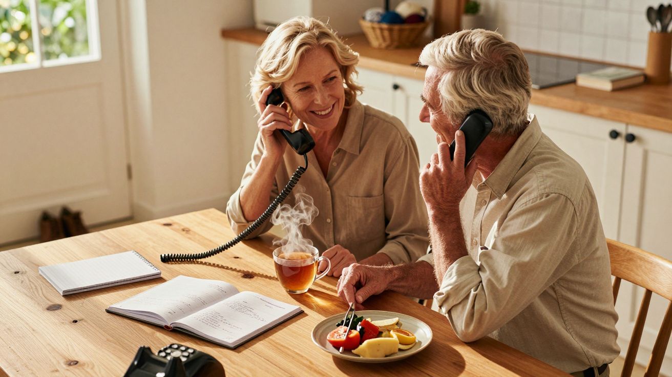 Casal idoso sorridente ao telefone numa cozinha, com chá e fruta sobre a mesa.