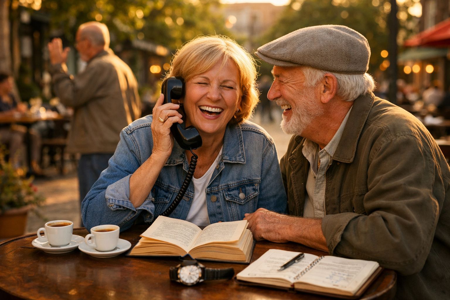 Casal idoso a passear de mão dada ao ar livre, ela com jornal e ele com café. Pessoas sentadas ao fundo.