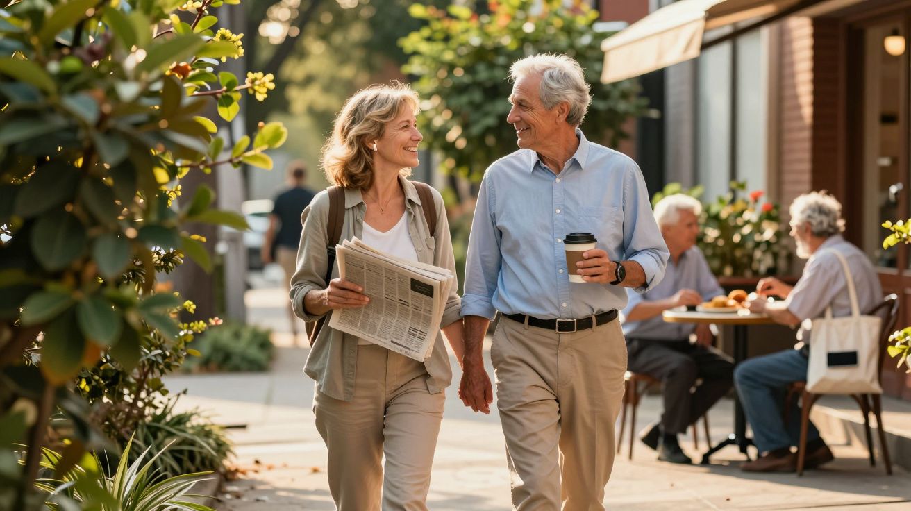 Casal idoso caminha alegremente segurando jornal e café, com pessoas em mesas ao fundo, em rua arborizada.