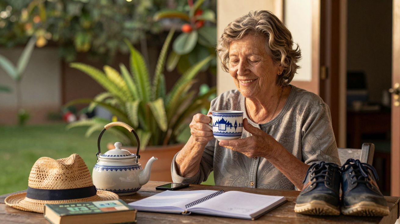Idosa sorridente toma chá em mesa com chapéu, sapatos, caderno e chávena, num jardim com plantas ao fundo.