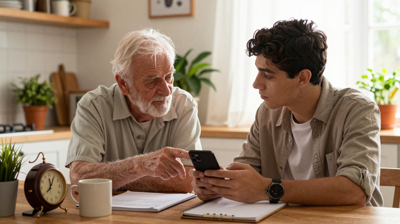 Idoso e jovem sentados à mesa de cozinha, focados num smartphone, com papéis e relógio ao lado.