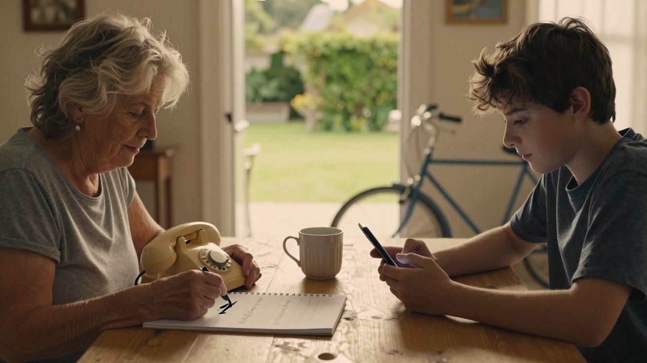 Idosa anota em papel ao lado de telefone fixo, jovem usa smartphone. Ao fundo, janela aberta e bicicleta.