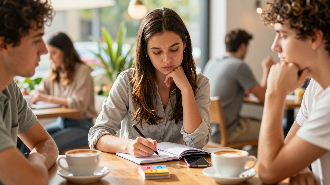 Mulher jovem estuda em café com apontamentos e café na mesa, cercada por dois amigos.