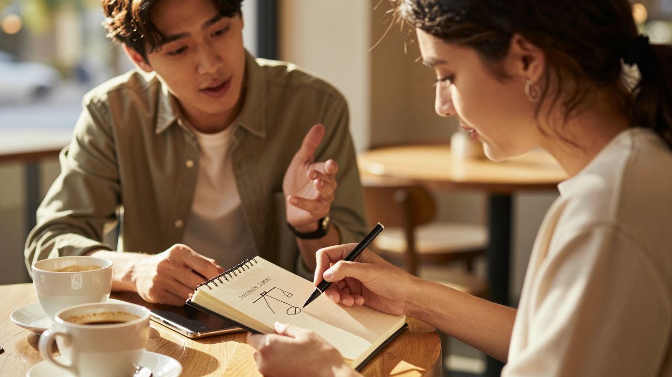 Duas pessoas discutem num café, com uma delas a apontar para um caderno com um esboço.