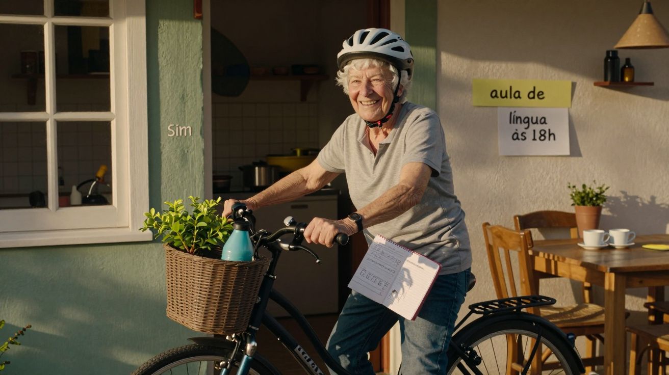 Idosa sorridente com capacete segura bicicleta com cesta de plantas, ao lado de cartaz de aula de língua às 18h.