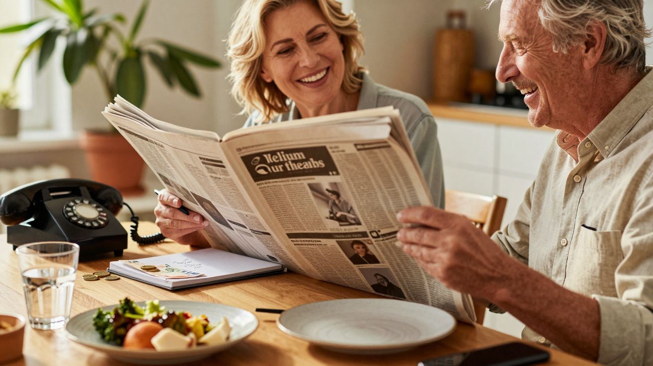Casal idoso sentado à mesa da cozinha, sorrindo e lendo o jornal, com frutas e café ao lado.