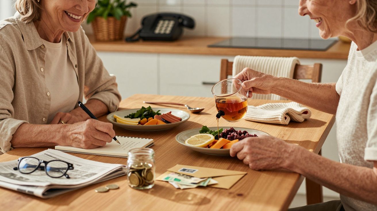 Duas mulheres idosas sentadas à mesa, a comer salada e a beber chá, enquanto sorriem e conversam.