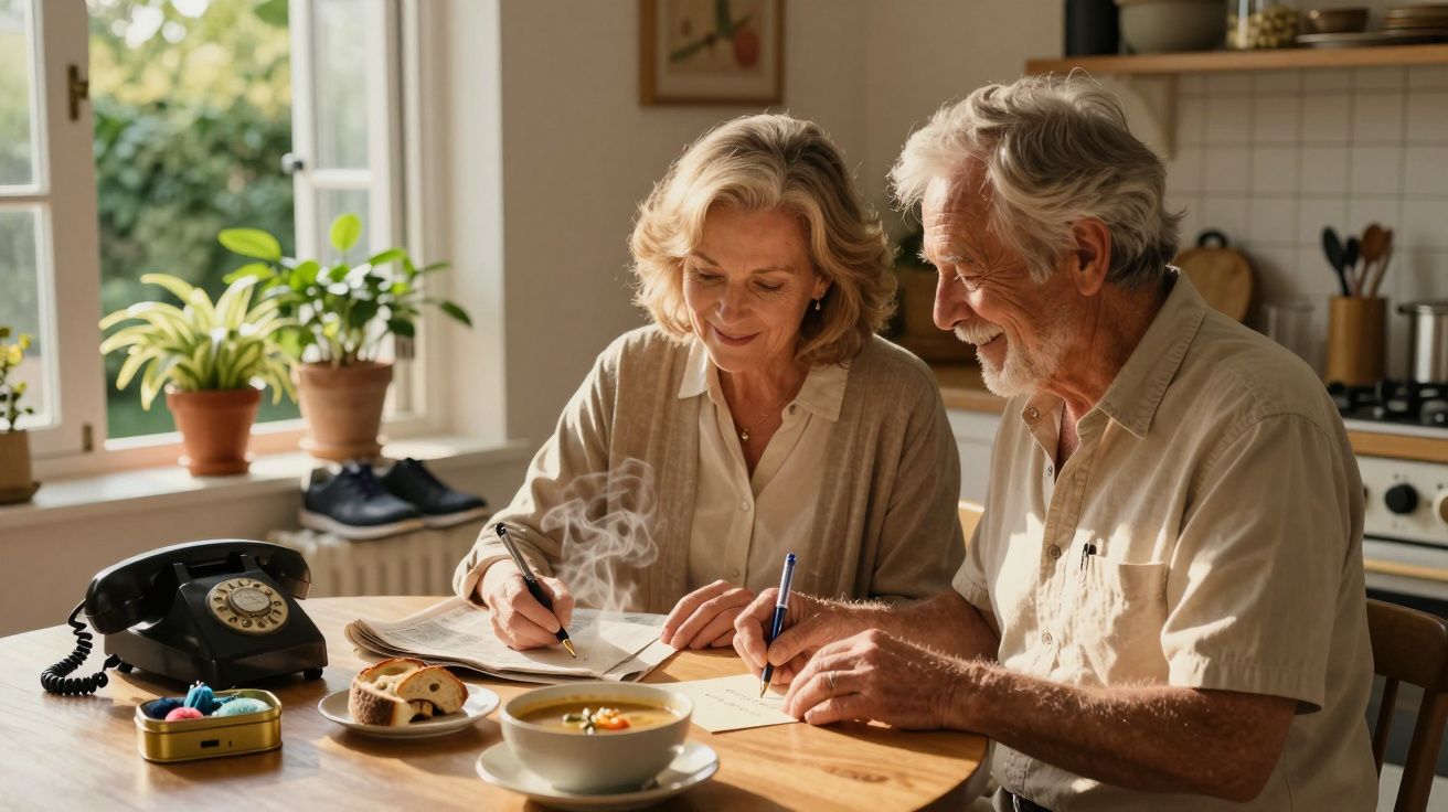 Casal idoso sentado à mesa, escrevendo e sorrindo, com sopa e chá ao lado, num ambiente aconchegante e iluminado.