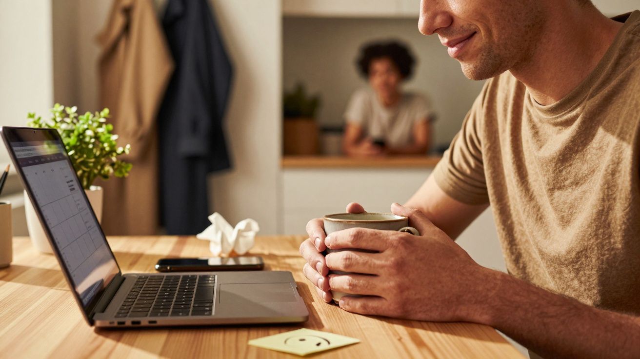 Homem segurando uma caneca em frente a um portátil num escritório em casa, com outra pessoa ao fundo na cozinha.