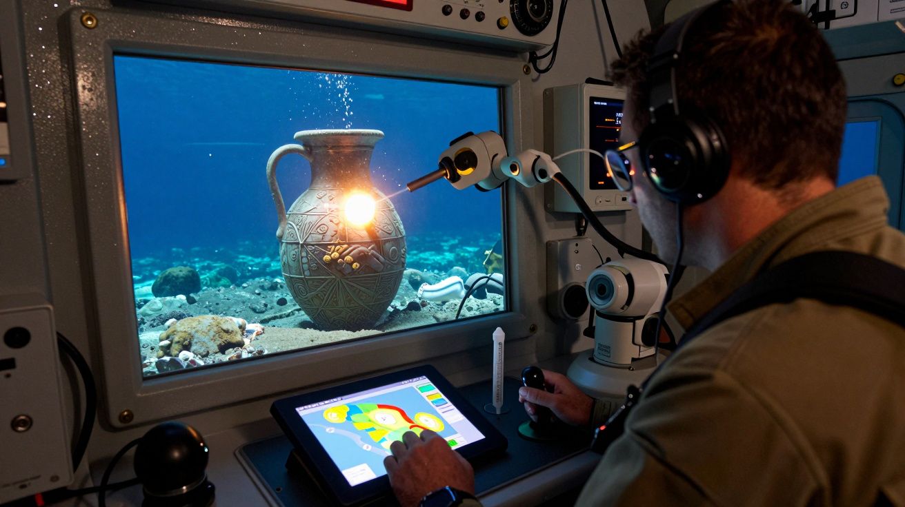 Homem controla robô subaquático que observa ânfora antiga no fundo do mar através de ecrã dentro de um submarino.