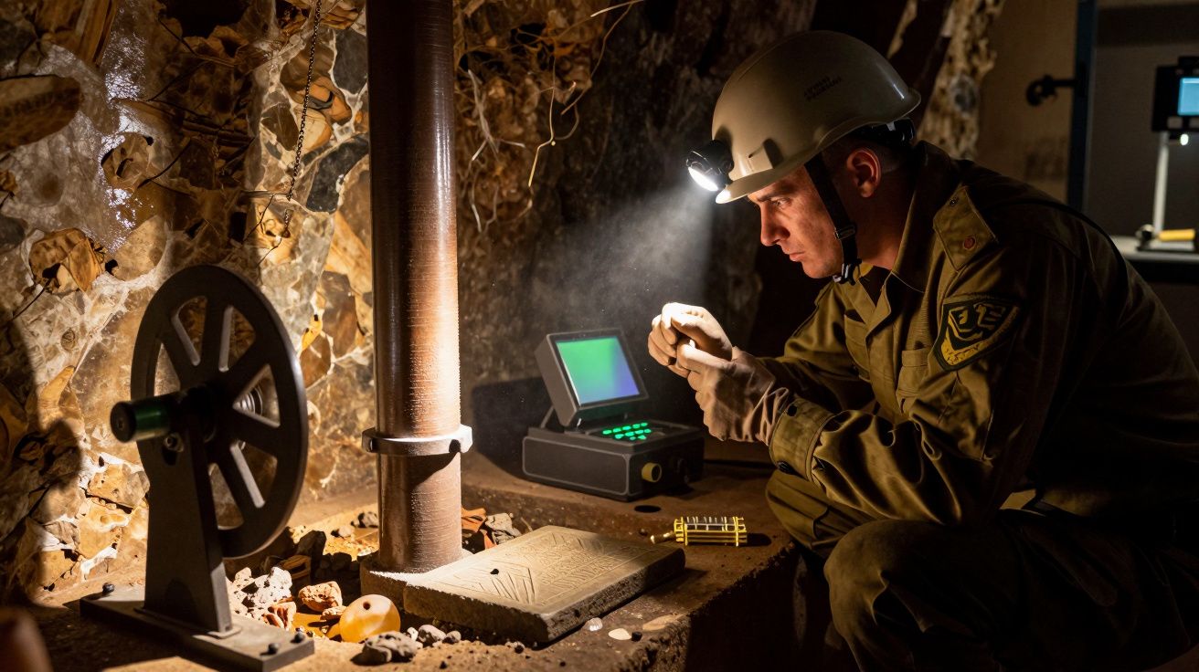 Homem de capacete examina um objeto numa mina iluminada, com computador portátil ao lado.