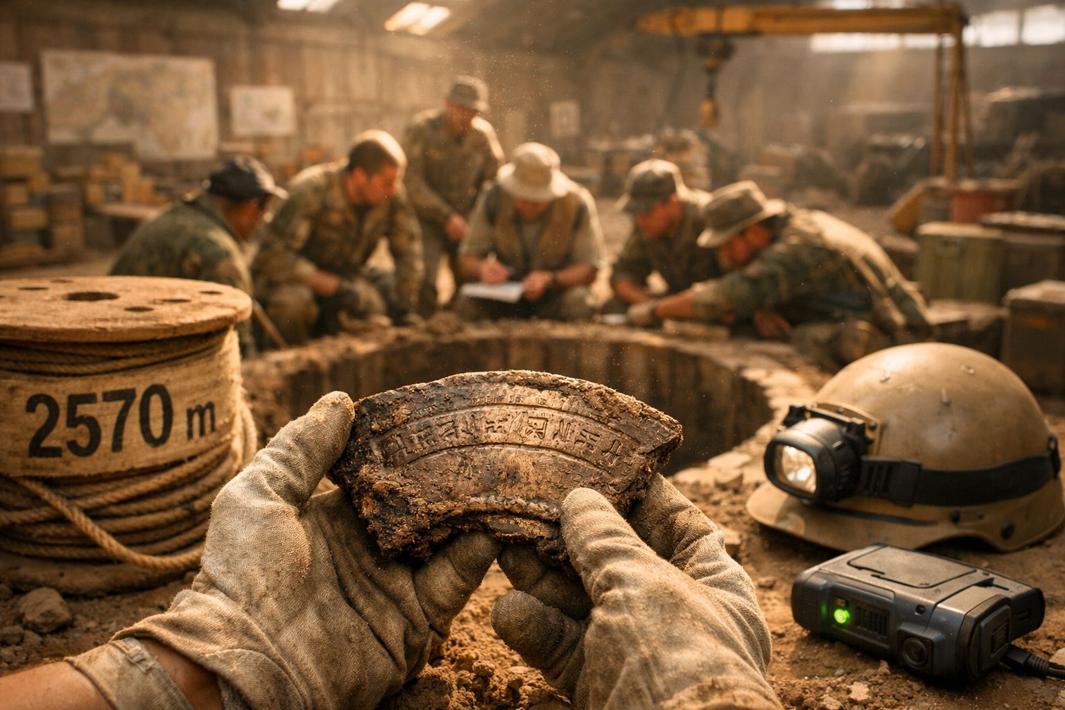 Dois homens numa caverna, um soldado examina um objeto no solo, enquanto outro faz anotações num tablet.