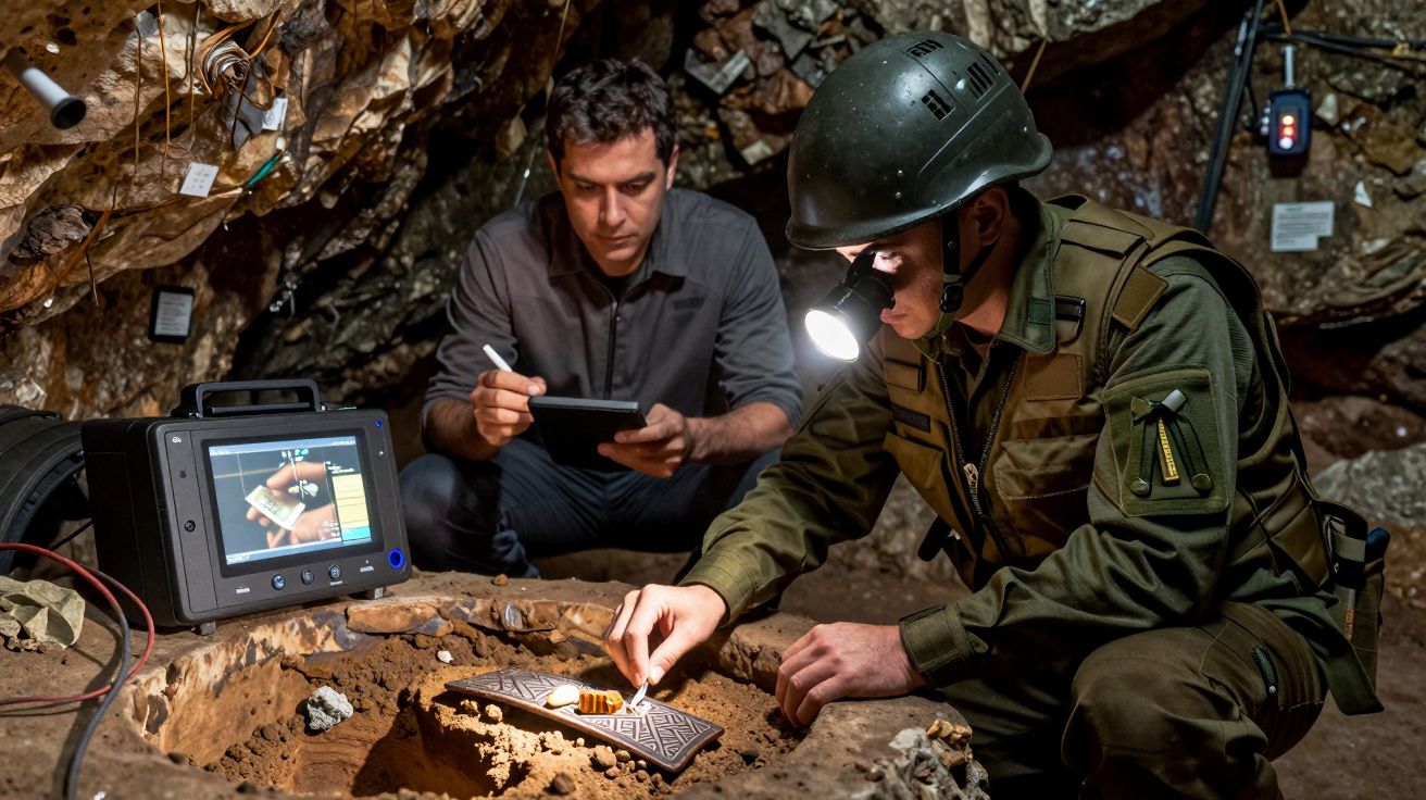 Dois homens em mina, um vestido como arqueólogo, outro como soldado, analisam objeto antigo com tablet e equipamento.