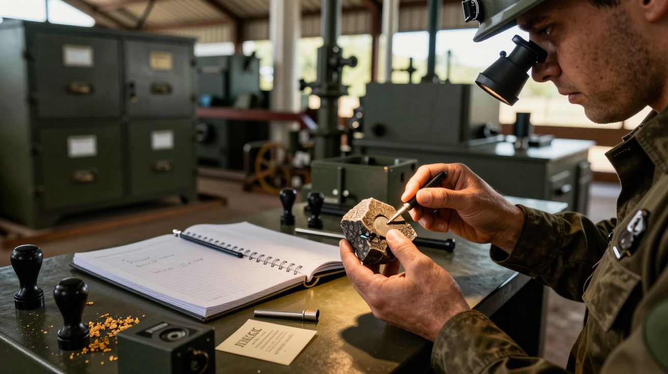 Homem analisa rocha com lupa em laboratório industrial, junto a caderno e equipamento técnico.