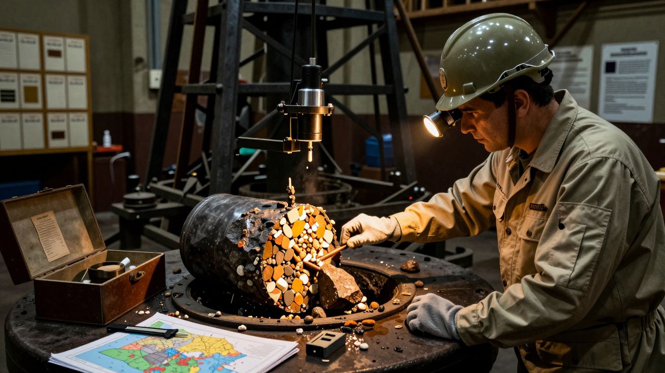 Homem com capacete inspeciona cilindro metálico com minerais. Mesa com mapa e ferramentas. Ambiente industrial.