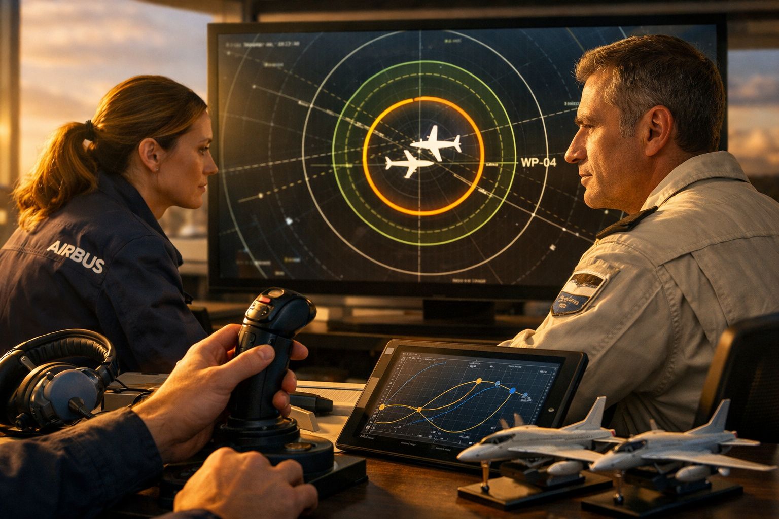 Pessoa a usar tablet com gráficos no monitor, no centro de controle com dois ecrãs de radar ao fundo.