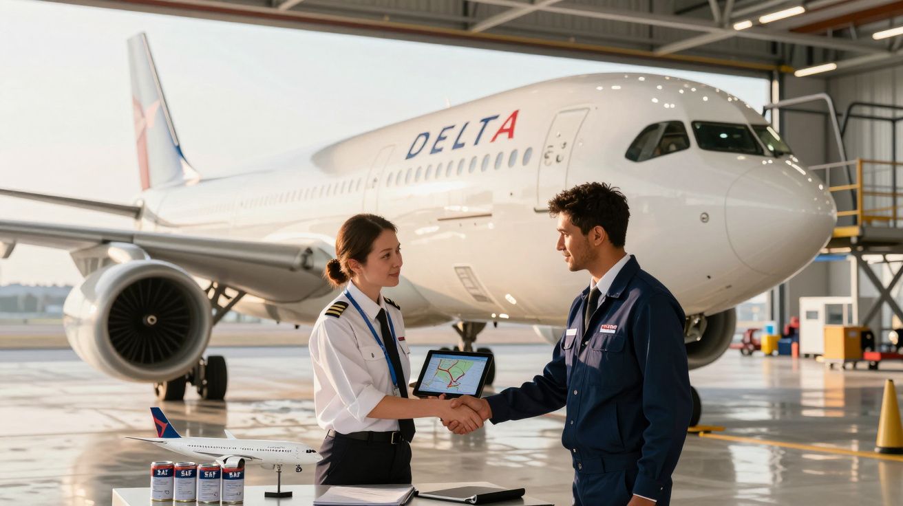 Pilotos a cumprimentarem-se com um avião da Delta ao fundo, dentro de um hangar iluminado.
