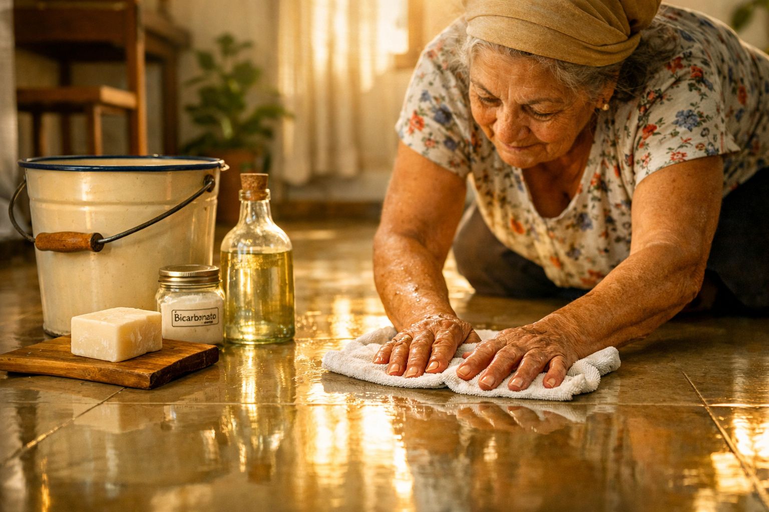 Pessoa a limpar o chão de madeira com pano; tigela e copo de água com limão ao lado.