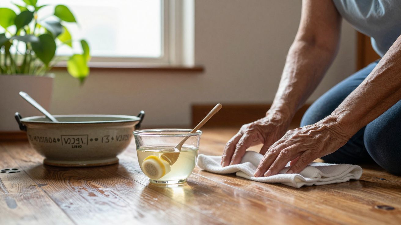 Pessoa a limpar o chão de madeira com pano e solução de limpeza caseira ao lado.