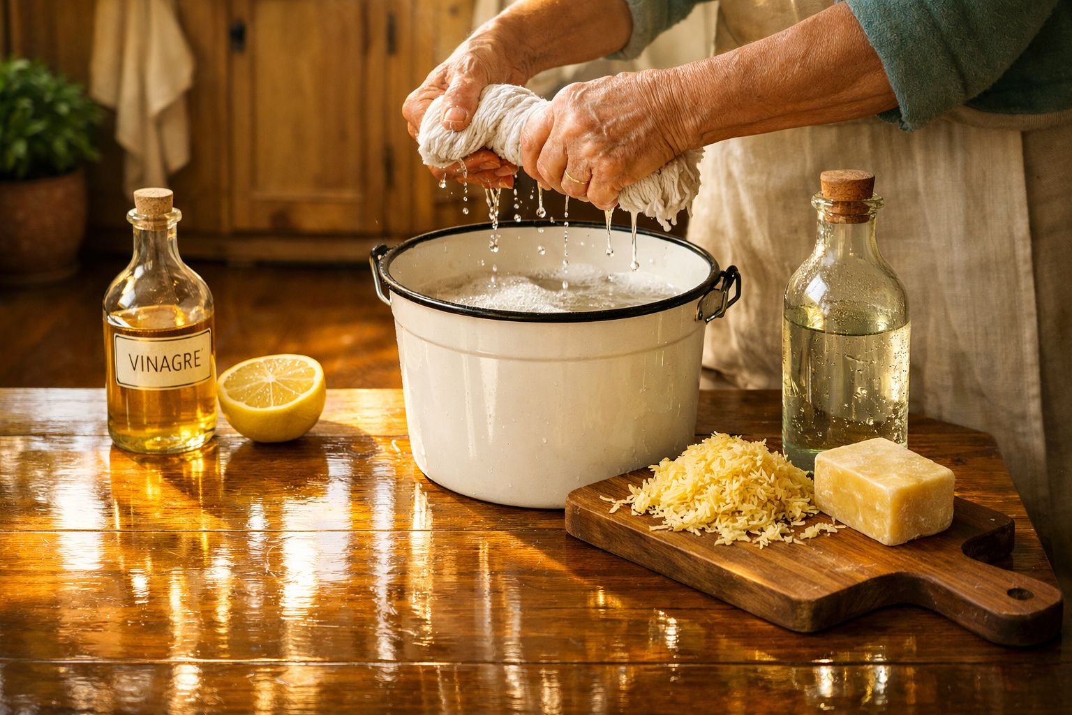 Pessoa limpa o chão de madeira com um pano, perto de uma tigela e uma garrafa de óleo com rótulo "mistura da avó".