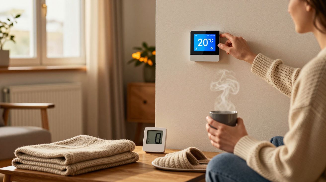 Pessoa ajusta termóstato para 20°C enquanto segura chá quente. Mesa com manta dobrada e chinelos ao lado.