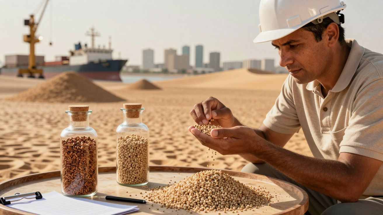 Homem de capacete analisa grãos numa mesa de madeira no deserto, com navio e cidade ao fundo.