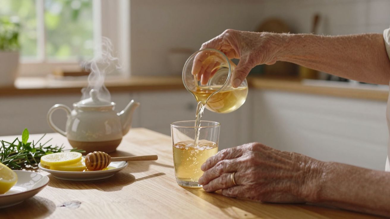 Mãos de idoso(a) a servir chá quente em copo, com bule ao fundo e limão, mel e alecrim na mesa de madeira.