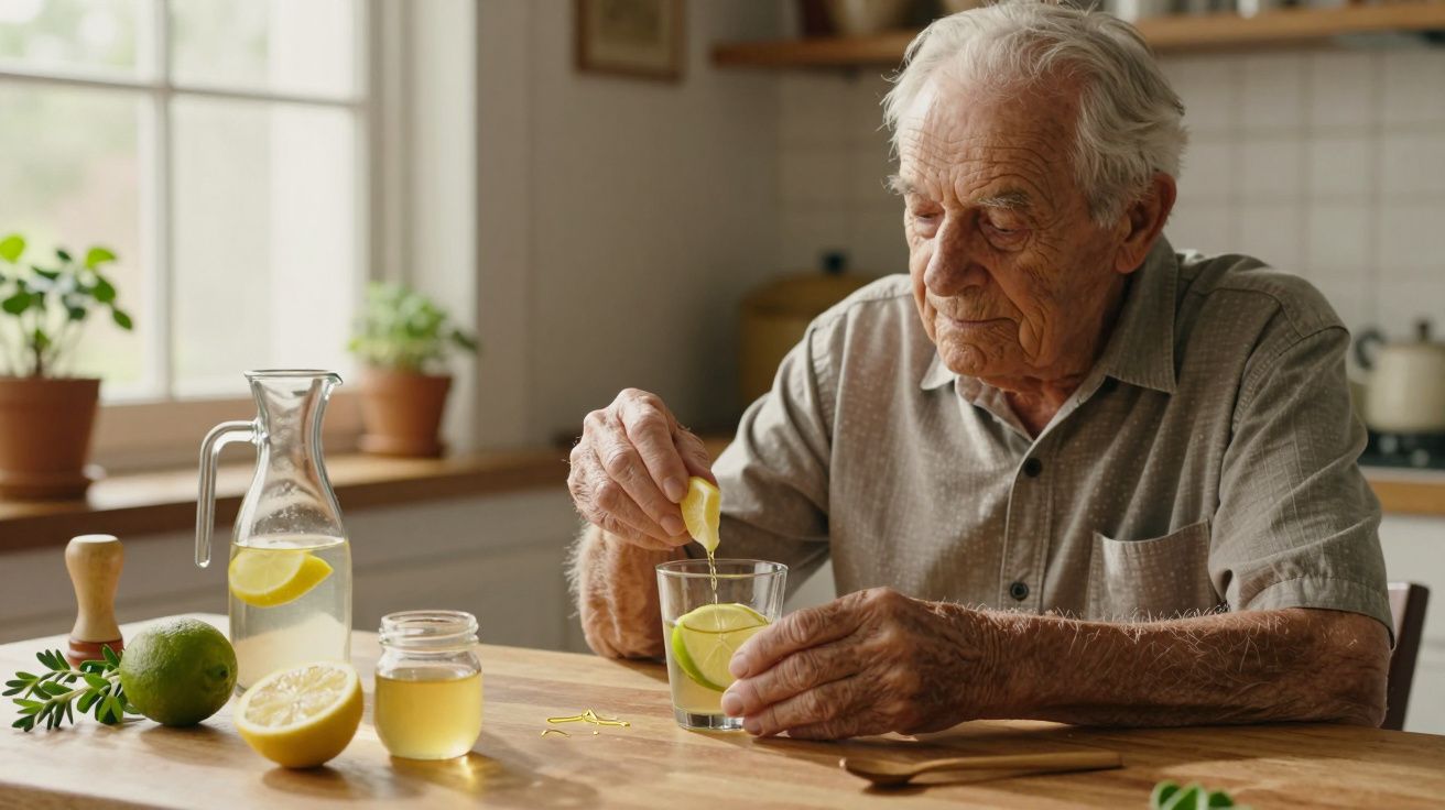 Idoso preparando bebida com limão e mel numa cozinha iluminada.
