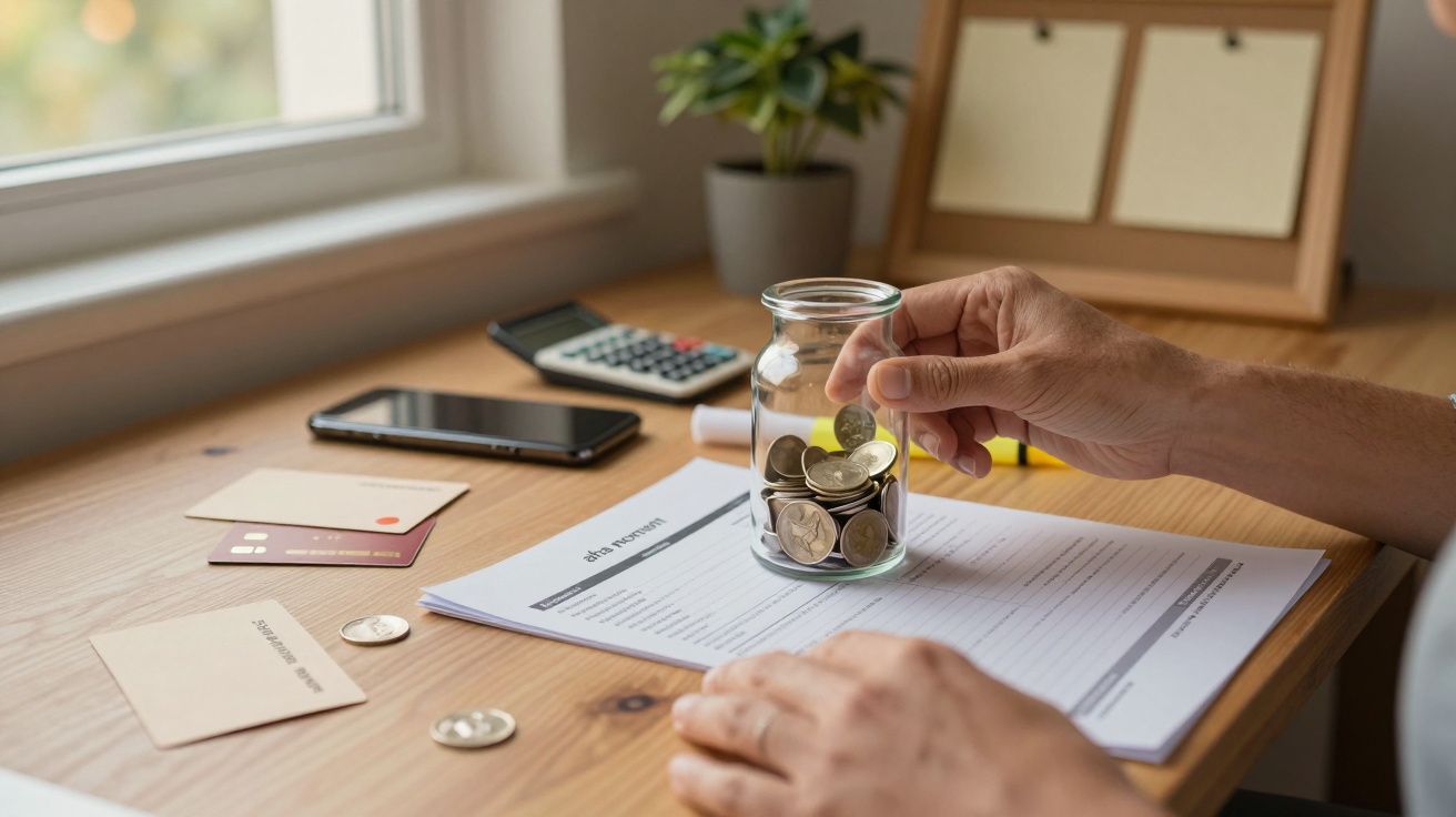 Pessoa coloca moedas num frasco sobre uma mesa com documentos, calculadora e telemóvel.