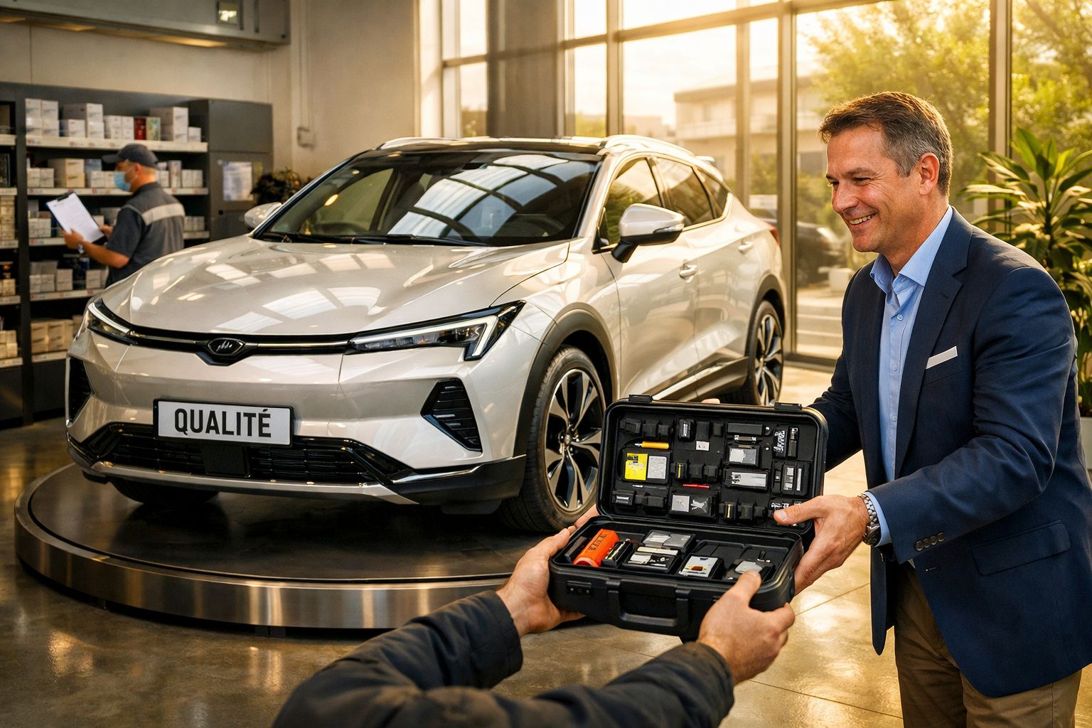 Carro desportivo azul num showroom com três pessoas a observar documentos e produtos numa mesa ao lado.