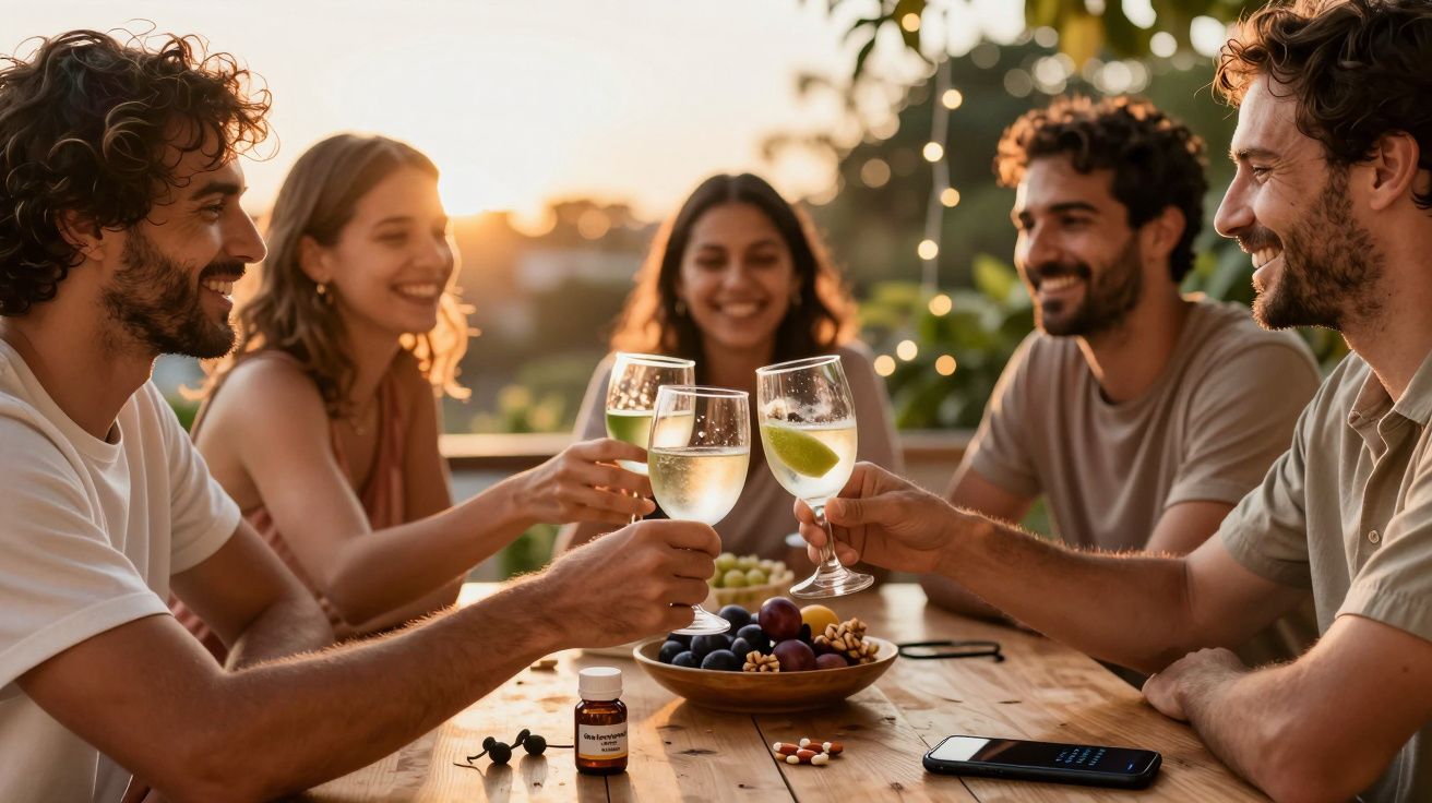 Cinco amigos a brindar com copos de gin num terraço ao pôr-do-sol, com pratos de frutas no centro da mesa.