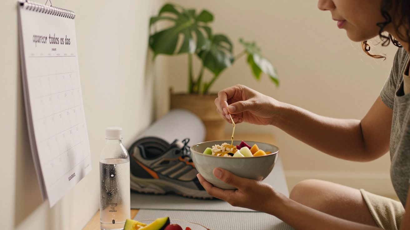 Mulher sentada com tigela de fruta, calendário pendurado na parede, planta e ténis ao fundo.