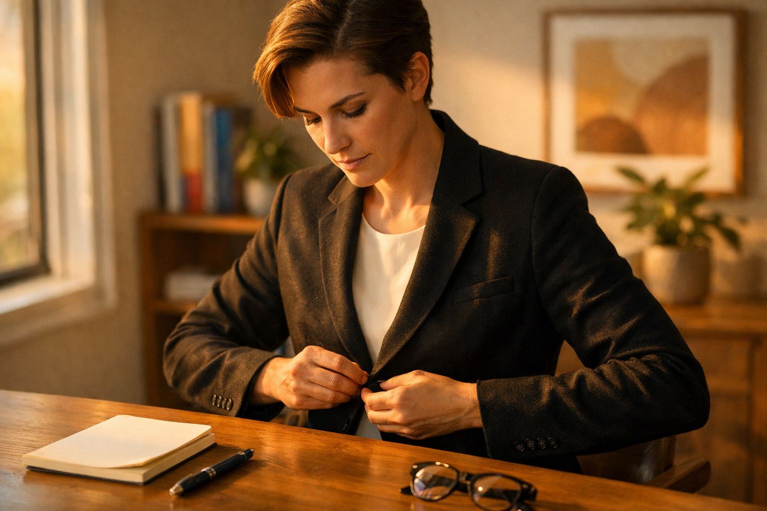 Mulher de blazer preto em escritório, ajustando o casaco. Na mesa, óculos e caderno perto de janela e cabide com roupas.