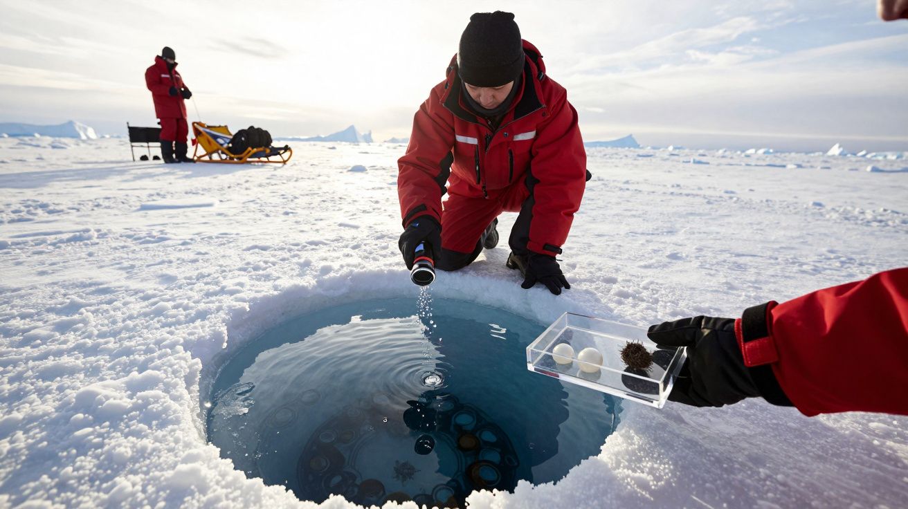 Investigador em roupa térmica recolhe amostra de água de buraco no gelo, no Ártico, sob céu nublado.