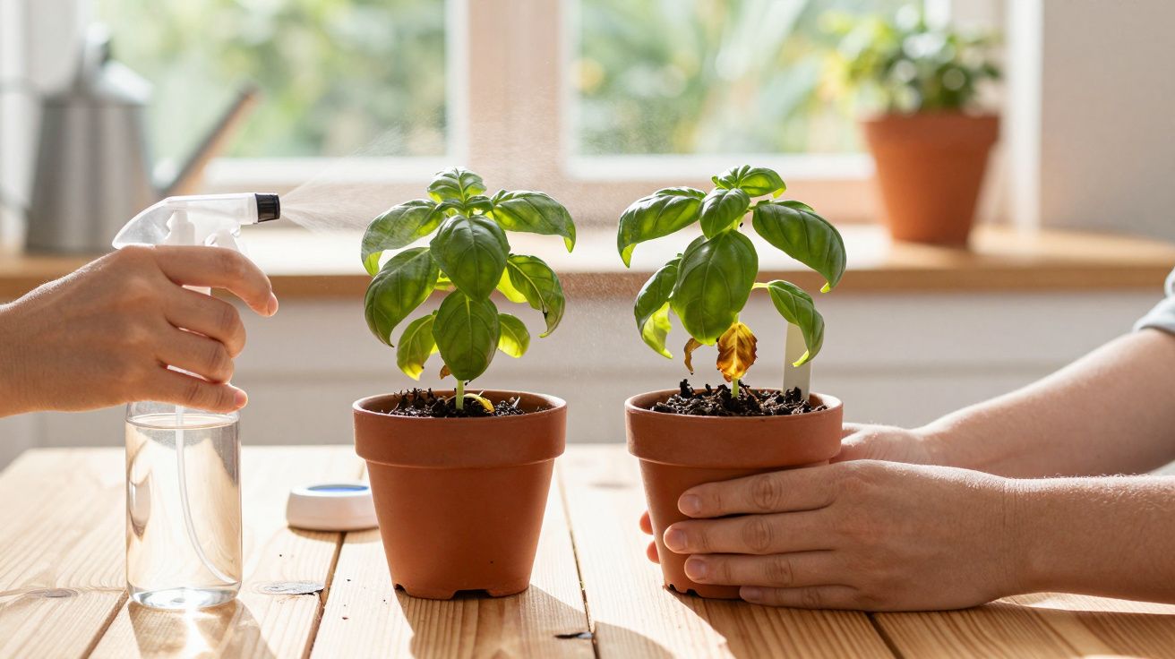 Duas plantas de manjericão em vasos de barro; uma mão borrifa água e outra segura um vaso.