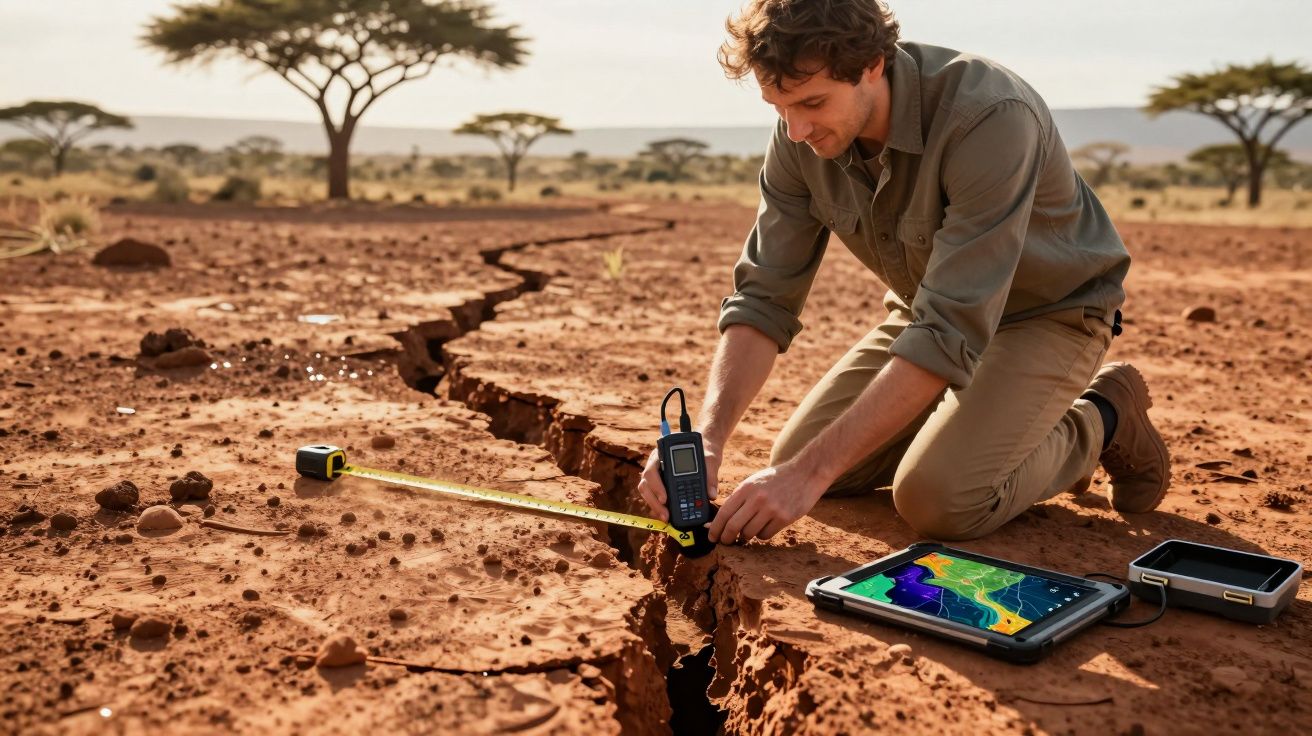 Homem a medir fissura no solo com dispositivos eletrónicos num deserto, tablet com gráfico no chão.